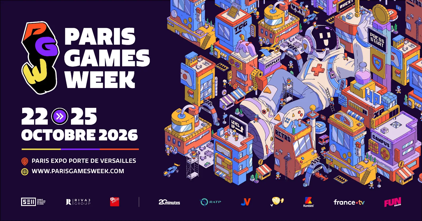 Official Paris Games Week 2026 poster: a giant player in a jumpsuit lying amid an isometric game city, with the October 22-25 dates and Paris Expo Porte de Versailles