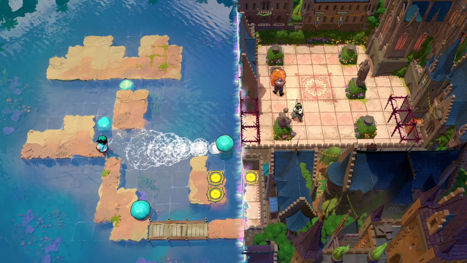 Two worlds joined: the Sailor's skipping stones next to the moving crew's castle courtyard